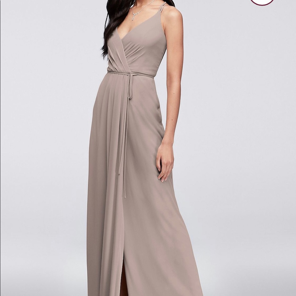 Double strap long bridesmaid wrap dress with slit